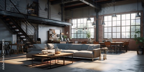 Empty loft apartment, industrial style, 3d render