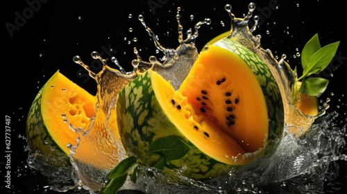 fresh cut water melon splashed with black background and blur