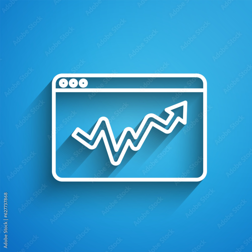 White line Graph, schedule, chart, diagram, infographic, pie graph icon isolated on blue background. Long shadow. Vector White line Graph, schedule, chart, diagram, infographic, pie graph icon isolated on blue background. Long shadow. Vector