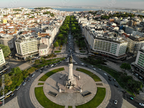 Marquis of Pombal square in Lisboa. Aerial drone view. Flying over. View from top down. photo