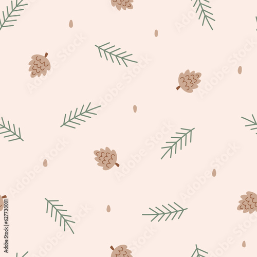 Winter or autumn seamless pattern with fir branches and cones. Fall or Christmas nature theme wallpaper. Hand drawn vector illustration on pastel beige background. 