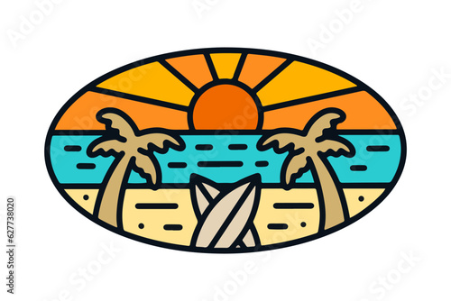 Twin of coconut tree and surfboard on the beach in mono line design for t-shirt, badge, and sticker vector illustration