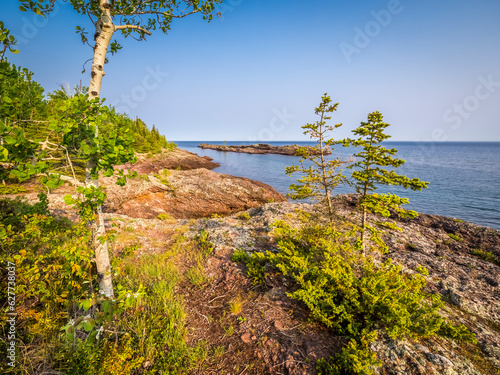 Rocky shoreline Lake Superior on the Keweenaw Peninsula between Eagle RIver and Copper Harbor in Upper Michigan USA