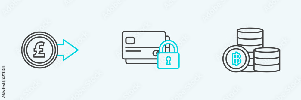 Set line Cryptocurrency coin Bitcoin, Coin money with pound sterling symbol and Credit card lock icon. Vector Set line Cryptocurrency coin Bitcoin, Coin money with pound sterling symbol and Credit card lock icon. Vector