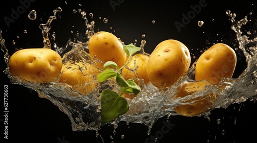 fresh potatoes splashed with water on black and blurred background