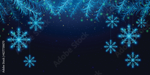 Wireframe snowflakes and Christmas tree branches, low poly style. New Year banner. Abstract modern vector illustration on blue background