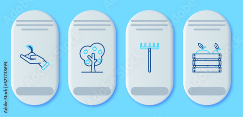 Set line Tree with apple, Garden rake, Sprout in hand of environmental protection and Wooden box for fruits vegetables icon. Vector