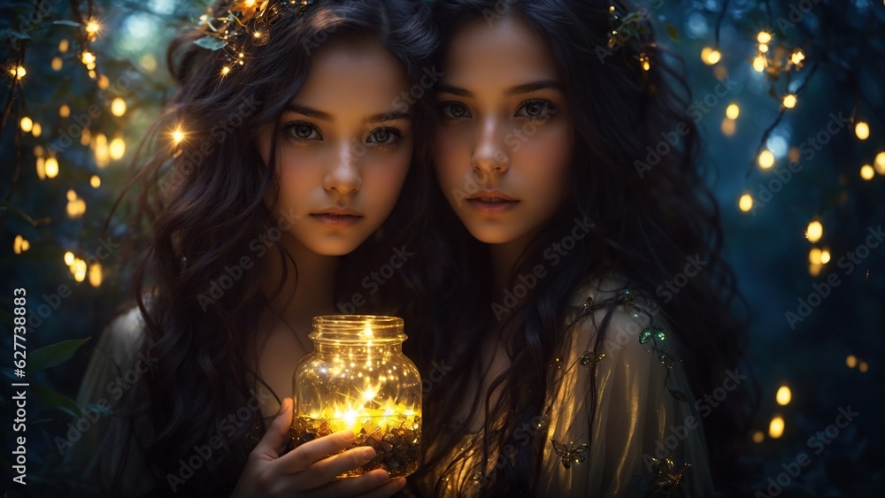 In a mystical forest studded with fireflies, a girl with glowing hair holds magical potions in glass vials.