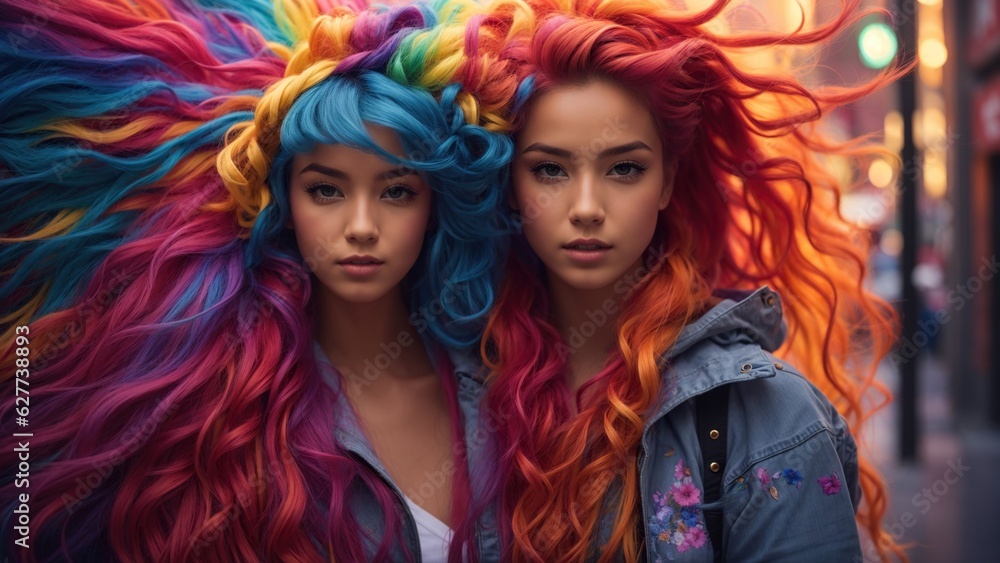 In a bustling city, a girl with hair the color of the rainbow, mesmerizing street art In a bustling city, a girl with hair the color of the rainbow, mesmerizing street art