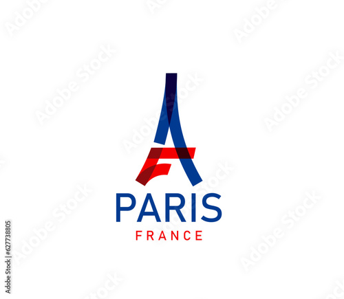 Paris Eiffel Tower icon of french city tours. Vector travel landmark of France architecture, european monument isolated silhouette of Eiffel Tower in french flag colors. Paris tourism, romantic trip