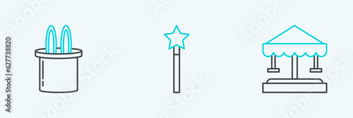 Set line Attraction carousel, Magician hat and rabbit ears and wand icon. Vector