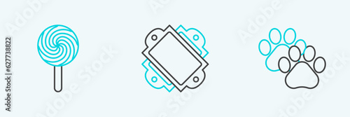 Set line Paw print, Lollipop and Ticket icon. Vector