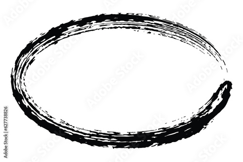 Ellipse frame form, grunge design element with distress texture. Black brush stroke. Vector illustration isolated on white background