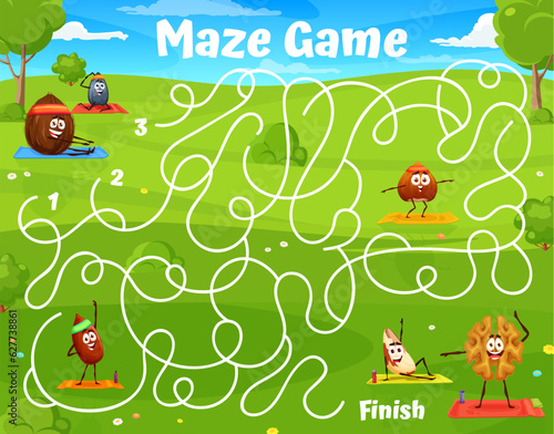 Cartoon nuts characters on yoga fitness labyrinth maze. Kids vector board game worksheet with coconut, almond, hazelnut and brazil with sunflower seed sportsmen personages on summer field riddle, test