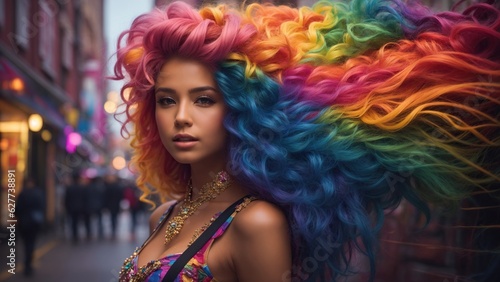 In a bustling city, a girl with hair the color of the rainbow, mesmerizing street art