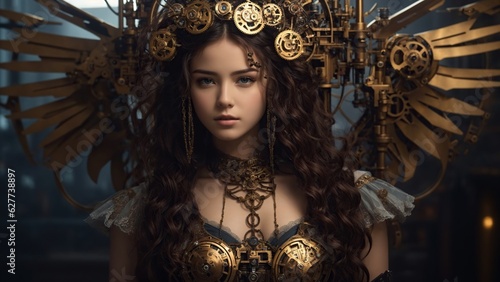 In a labyrinthine steampunk world is a girl with mechanical wings in a clockwork design. 