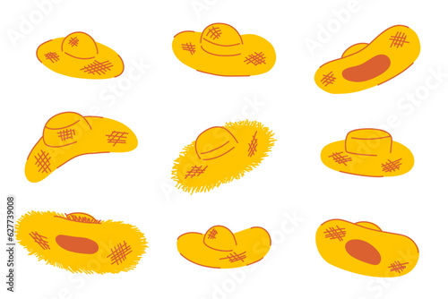 Straw hats set. Boater summer hat. Flat cartoon straw hats set, summer headdress. Sun protection, skin cancer. Vacation, travel and tourism. Stock vector illustration isolated on a white background. 