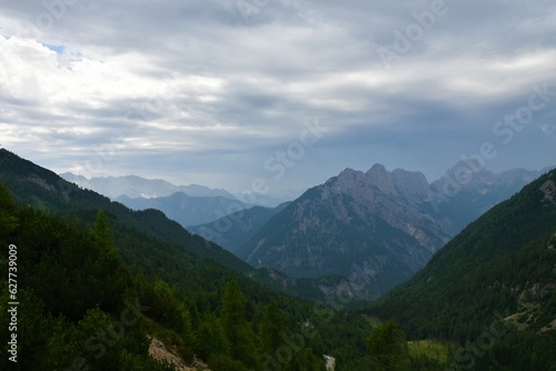 View of Trenta valley from Vrsic and mountains above in Primorska, Slovenia