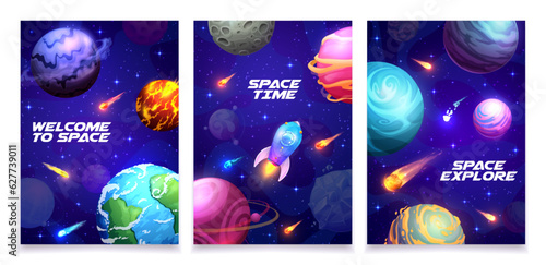 Cartoon space poster with galaxy spaceship, planets and stars, vector background. Space exploration rocket shuttle or spaceship in spaceflight to galaxy universe and alien planets in fantasy cosmos