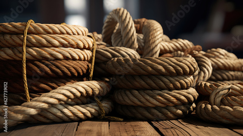 A bunch of ropes with brown and wooden handles