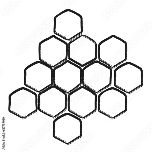 Honeycomb grunge sketch. Doodle hand drawn honeycomb structure. Propolis. Honey, pollen, wax, parchment and bee products in sketch style. Stock black and white illustration on a white background.