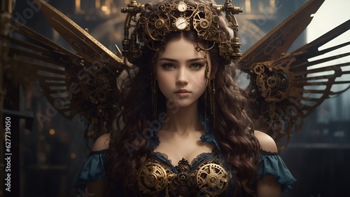 In a labyrinthine steampunk world is a girl with mechanical wings in a clockwork design. 