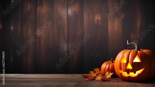 Scary halloween pumpkin on wooden table and wooden wall halloween festival illustration and background
