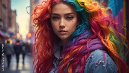 In a bustling city, a girl with hair the color of the rainbow, mesmerizing street art