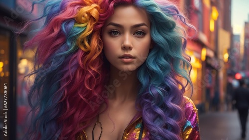In a bustling city, a girl with hair the color of the rainbow, mesmerizing street art © DanChik