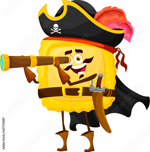 Cartoon ravioli italian pasta pirate character. Italian restaurant noodle privateer cheerful personage, ravioli filibuster or pasta pirate captain isolated vector funny mascot looking in spy glass