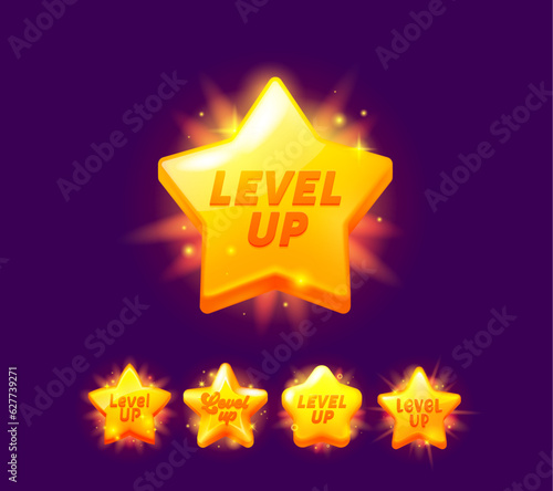 Game level up reward, star rate icon or award badge, vector gold prize UI asset. Level up award or bonus rank star and medal trophy reward with golden shine, arcade video game next level bonus