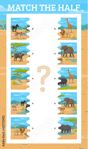 Match half of cartoon african savannah animals. Vector game worksheet for preschool and kindergarten activity with giraffe, zebra, rhino, buffalo, elephant, lion, antelope, cheetah, and hippo