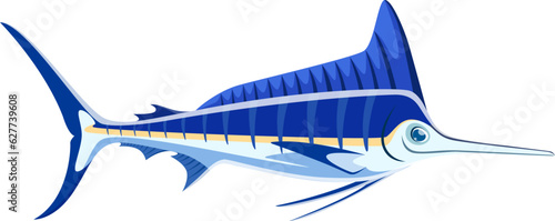 Blue marlin character. Isolated cartoon vector powerful sea creature known for its striking blue color, impressive size, and distinctive bill. Top predator capable of impressive speeds and leaps