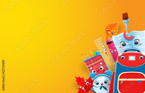 School education poster with cartoon funny stationery supply characters. Vector yellow background template with funny backpack, pencil case, notebook and paint brush. Autumn leaf, alarm clock, ruler