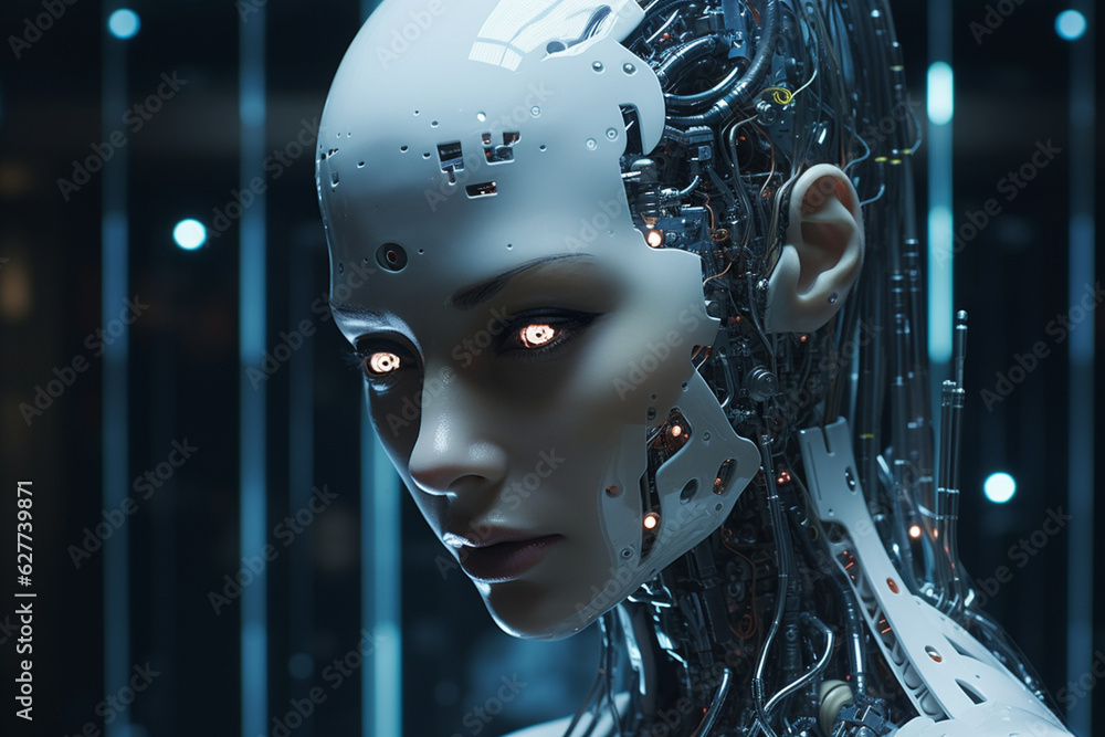 A visually elaborate depiction of a robot with cybernetic enhancements on her face, including LED-lit eyebrows and expressive eyes Generative AI