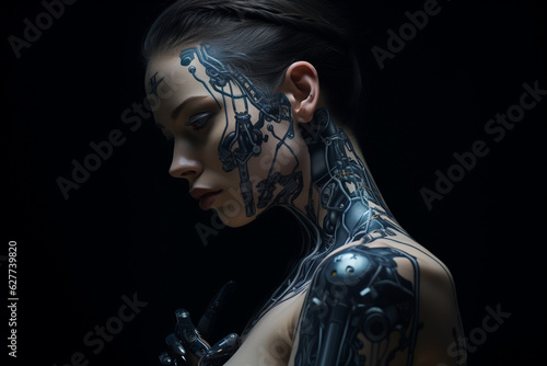 A captivating hyperrealistic portrait of a robot with glowing tattoos that pulse and change patterns in sync with her emotions Generative AI