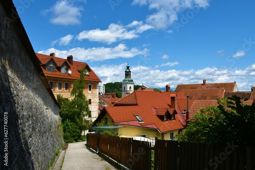 Street in Skofjla Loka town in Gorenjska, Slovenia with a churh tower above the red roofs