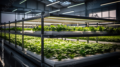 Hydroponic Vegetable Farm: Lush Organic Lettuce Salad Leaves in Modern Hydroponics System. Sustainable Agriculture for Fresh and Healthy Greens. generative ai