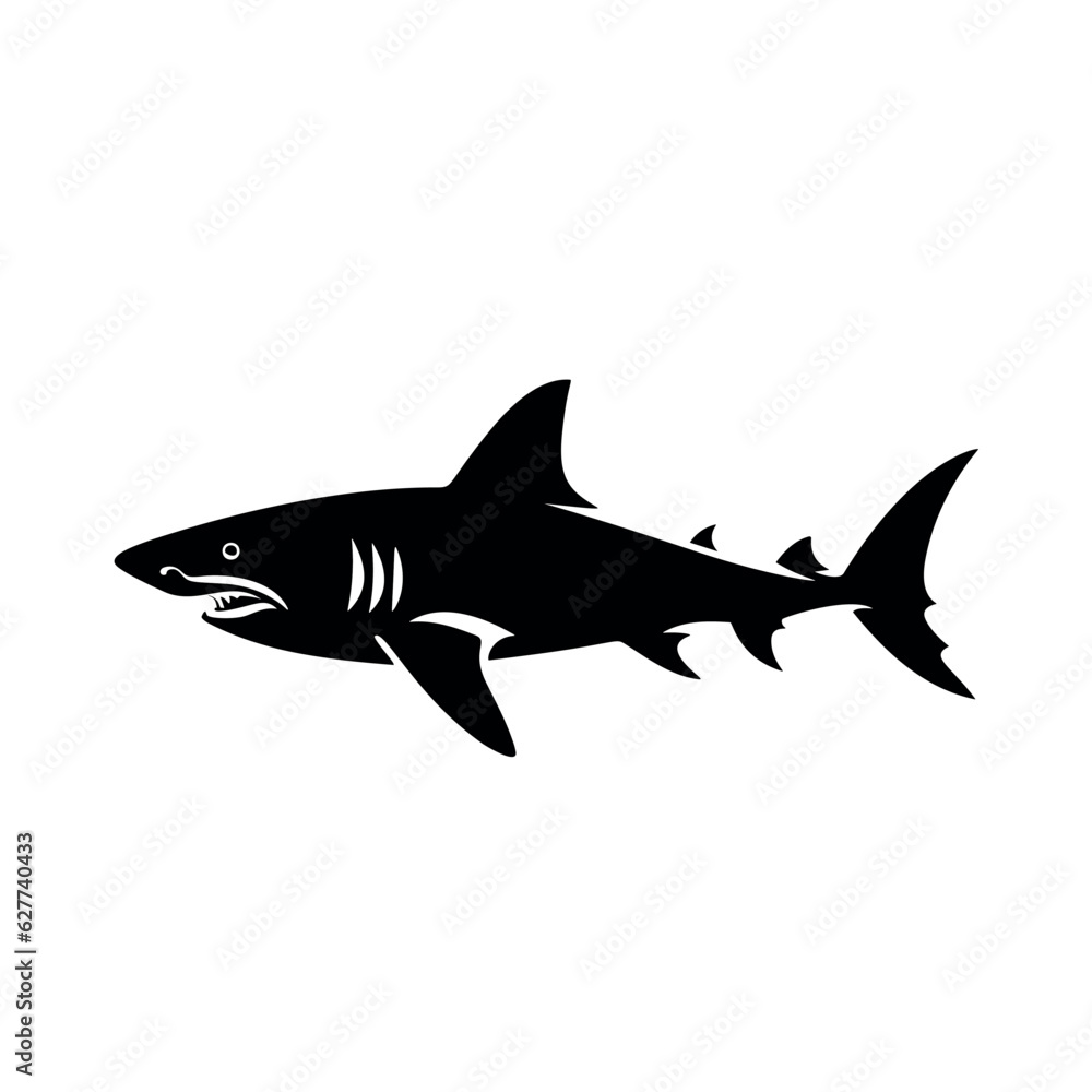 Vector illustration of a black silhouette shark. Isolated white background. Icon fish shark side view profile. Vector illustration of a black silhouette shark. Isolated white background. Icon fish shark side view profile.