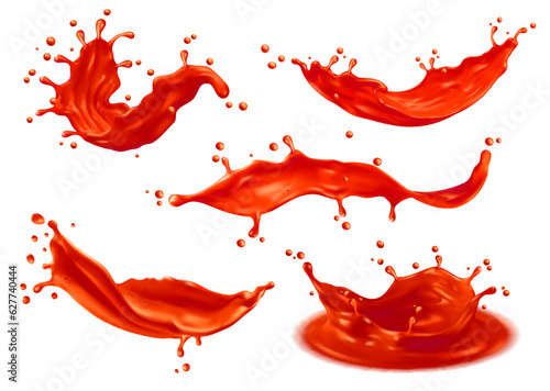 Fotografija Tomato ketchup sauce splashes or red liquid tomato juice, vector realistic isolated 3d