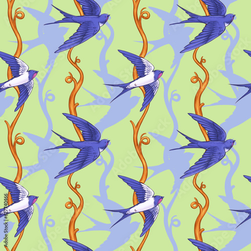 Flying birds swallows and dry branches Summer seamless pattern on green and blue background Detailed illustration hand drawn with colored pencils