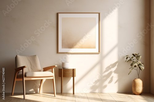 Cozy living room beige interior with mock up poster frame template on wall, wooden comfortable chair, armchair, coffee table, bowl, flowerpot. Window light shadow. Minimalistic apartment. Home design © Lena Ivanova