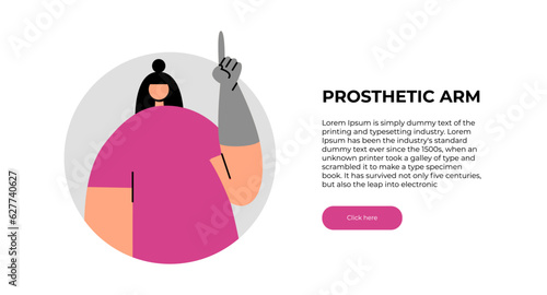 Prosthetics. Avatar of a woman with a prosthetic arm pointing a finger up on a banner for use in web site design. Flat style illustration.