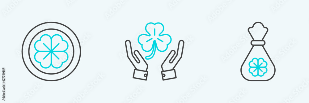 Set line Money bag with four leaf clover, Gold coin and Human hands holding icon. Vector Set line Money bag with four leaf clover, Gold coin and Human hands holding icon. Vector