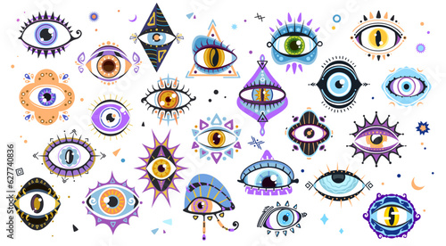 Magical witchcraft eyes, magic symbols of mystic and esoteric talismans, vector occult icons. Turkish evil eye amulet or spiritual eye of providence and luck, esoteric and occult witchcraft signs