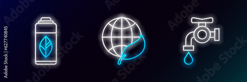 Set line Water tap, Recycling plastic bottle and Earth globe and leaf icon. Glowing neon. Vector © Oksana