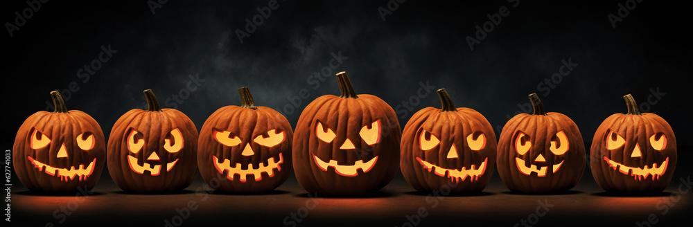Scary halloween pumpkins background on wooden table with a person holding it Scary halloween pumpkins background on wooden table with a person holding it
