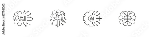 Artificial inteligence outline vector icon set. Ai brain technology symbol collection.