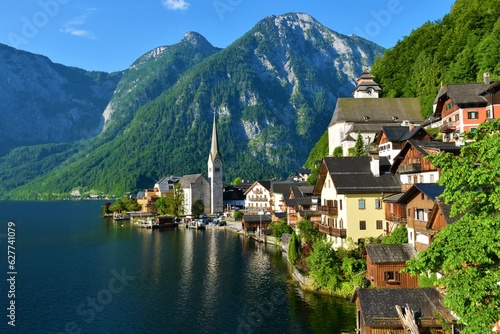 View of Hallstatt town at the shore of Hallstätter See and Dachstein mountains in Salzkammergut area of Upper Austria