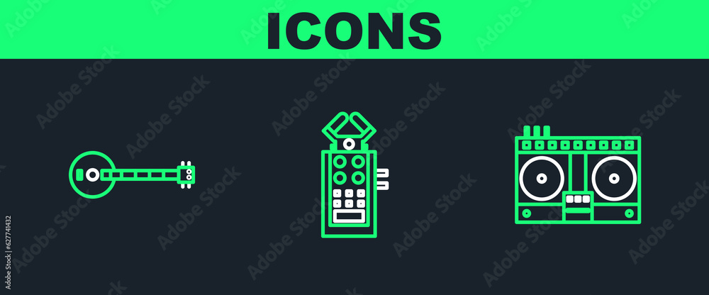Set line DJ remote for playing and mixing music, Banjo and Microphone icon. Vector Set line DJ remote for playing and mixing music, Banjo and Microphone icon. Vector